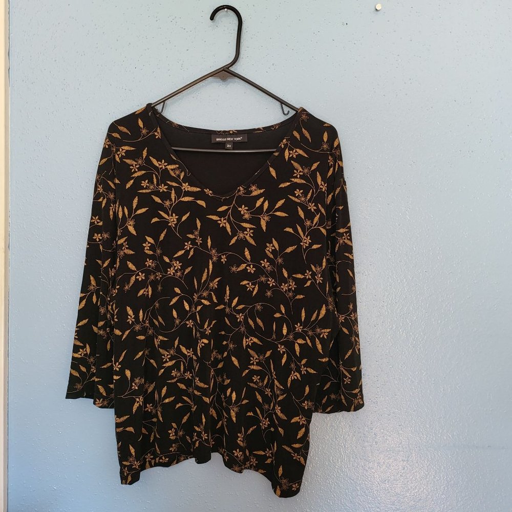 Briggs New York Black Short Sleeve Womens Blouse 2X Embroidered Brown Floral